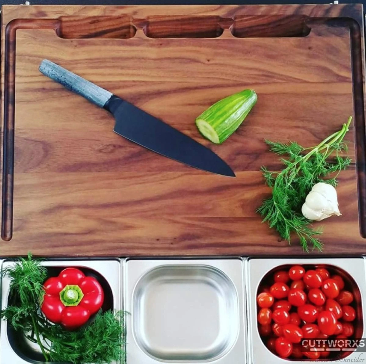 Cuttworxs Notenhouten Snijplank XL Met Sap Geul En Geïntegreerde Opvangbak 6 Cuttworxs Notenhouten Snijplank XL Met Sap Geul En Geïntegreerde Opvangbak - Afbeelding 4